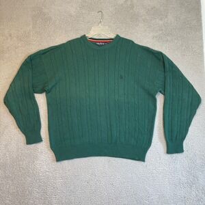 Nautica Mens XL Green Cable Knit Cotton Crewneck Sweater Striped Collar